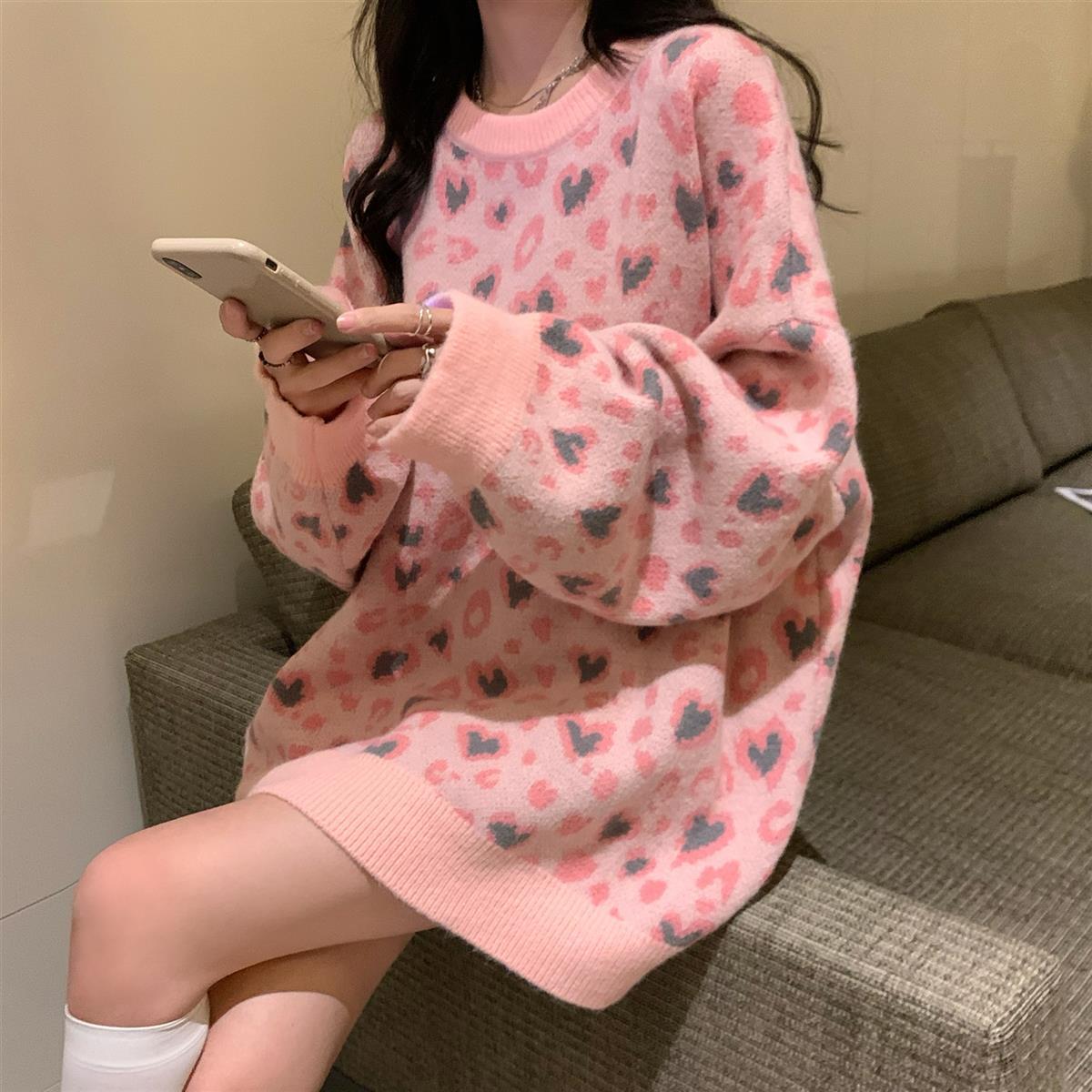 Y2K Korean Fashion Pink Sweater Women Harajuku Hip Hop Graphic Jumper Sweet Long Sleeve Loose Chic Pullover Tops Kawaii