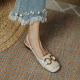 Drespot   Women Sandals Metal Decoration Solid Color Square Toe Ladies Flats Roman Retro Classic Back Strap Belt Buckle Female Shoes