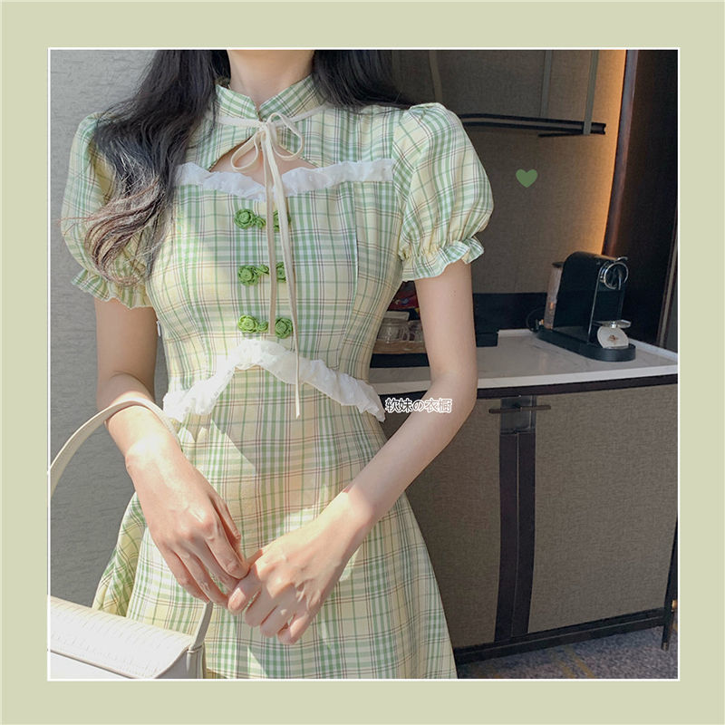 Green Plaid Dress Women Vintage Kawaii Mini Dress  Summer Hollow Out Sweet Lace Patchwork Chinese Style Cheongsam