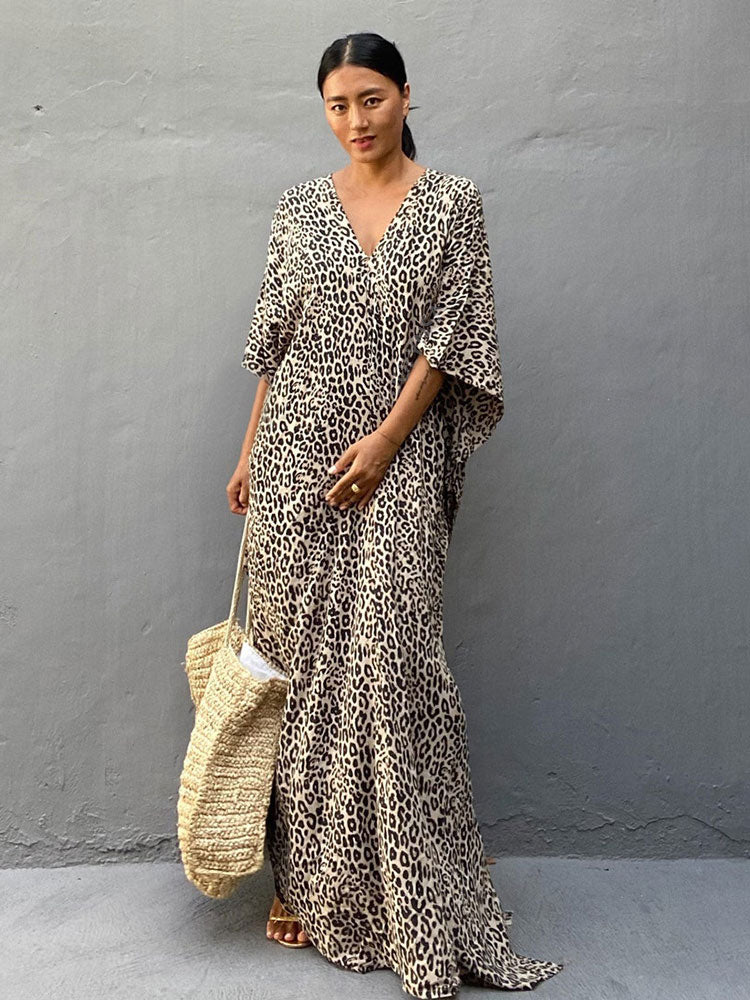 Drespot   Leopard Self Belted Side Split Summer Beach Dress Long Tunic Women Clothes Plus Size Beachwear Maxi Dress Q1226