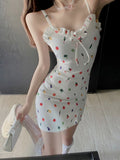 Drespot  Summer Kawaii Print Mini Dress Women Casual Spaghetti Strap Bodycon White Short Dresses Holiday Vacation Robes