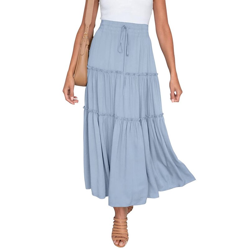 Boho Solid Skirt Women Casual Beach Long Skirt  Maxi Skirts Elastic Waist Vacation Faldas Saia Drop Shipping