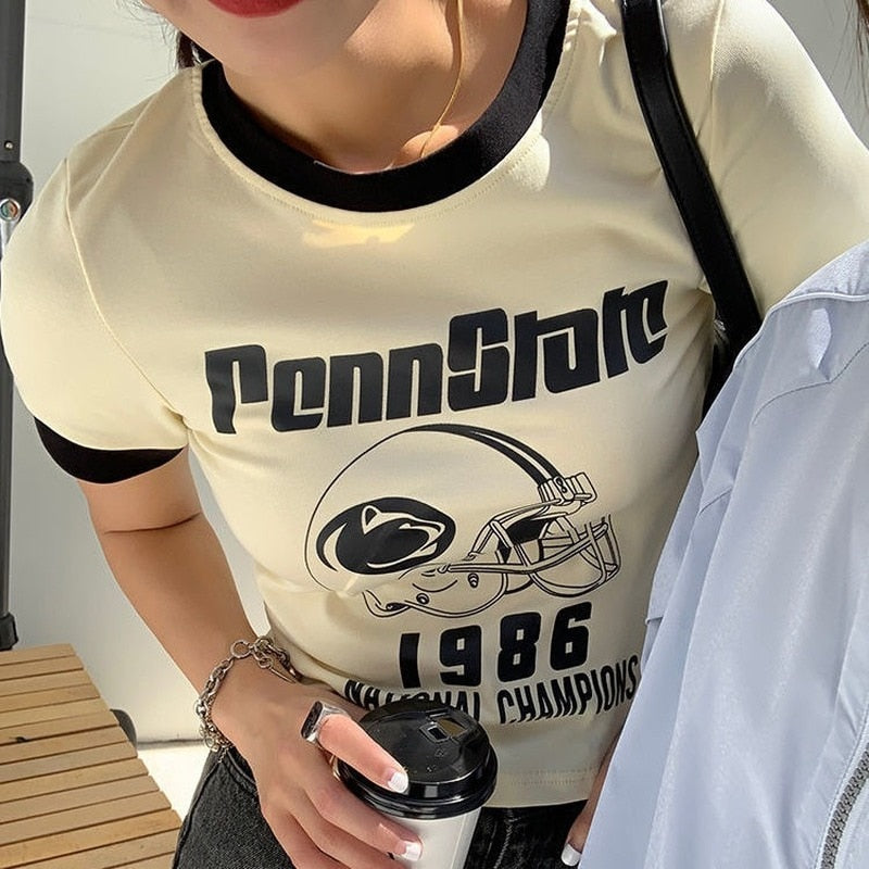 Deeptown Korean Fashion Beige Tshirts Harajuku Streetwear Print T Shirts Cotton Patchwork Short Sleeve Cropped Tops Female