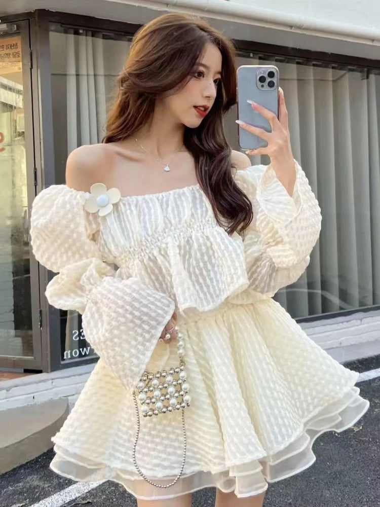 Drespot   New Spring Korean Sweet Two Piece Set Women Short Shirt Blouse Crop Top + Mesh Cake Skirt Suits Fashion Fairy 2 Piece Suits