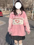 Drespot Korean Fashion Plaid Hoodies Women Harajuku Kawaii Zip Up Oversized Sweatshirts Pink Checkerboard Casual Tops Vintage