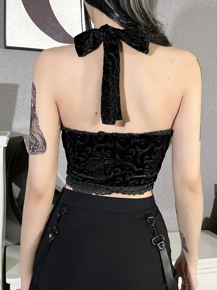 Drespot Sexy Women Tops Gothic Halter Tees Black Harajuku Bodycon Bandage Lace Patchwork Y2k Cropped Top Grunge Goth Streetwear