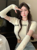 Drespot Fur Knitted Sweater Women Design Casual Outwear Chic Y2k Crop Tops Female Long Sleeve Korean Style Slim Pullover  Spring