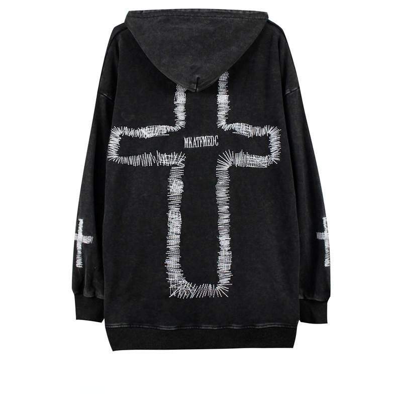 Deeptown Gothic Cross Print Oversize Black Hoodie Women Punk Harajuku Hippie Crewneck Sweatshirt Female Mall Goth Grey Tops