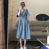 Drespot Korean Casual Tshirt Dress Women  Summer Short Sleeve Dresses Kpop Solid V-Neck Sleeve Office Ladies Robes Female
