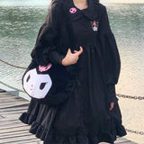 Drespot Black Lolita Dress Kawaii Cartoon Embroidery Long Sleeve Short Dresses Woman Ruffle Peter Pan Collar Japanese Style Goth