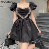Drespot  Gothic Harajuku Black Mini Dress Summer Women Sweet Puff Sleeve Heart Shaped Lace Ruffles Party Dresses Girly Chic Holiday Dress