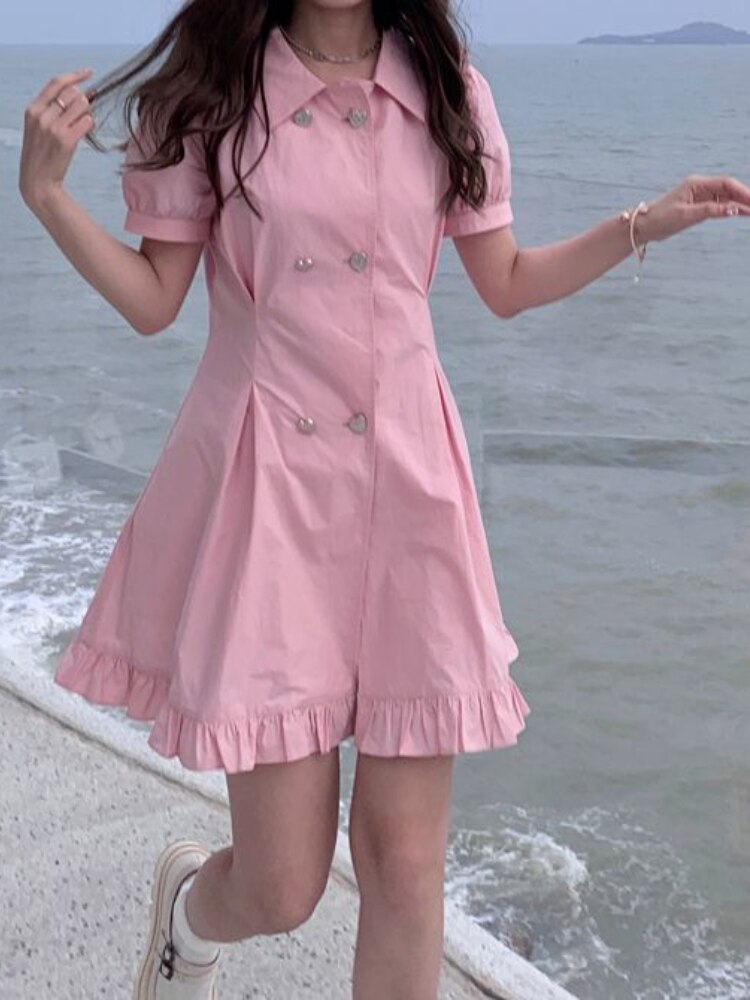Pink Kawaii Dress Women Preppy Style Sweet Cute Summer Shirt Dresses Polo Collar Ruffles Korean Fashion High Street