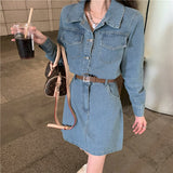 Spring Long Sleeves Women Jean Dress Blue Baggy Vintage Casual Short Skirt Waist-in-chic Design Streetwear Female Denim Dress