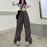 Drespot Y2K Baggy Cargo Pants With Drawstring Cuffs Big Pocket Full Length Trousers American Retro Aesthetic Outfit