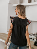 Drespot Casual Ethnic Floral Sleeveless Blouse Women Summer O-Neck Embroidery Frill Black Top Vacation Beach Female Blouses