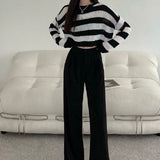 Drespot Gothic Striped Cropped Sweater Women Vintage Grunge Oversize Knit Jumper Korean Style Long Sleeve Harajuku Pullover Top