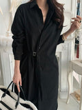 Women Spring  Summer Sashes A-line Shirt Dress Long Sleeve Turn Down Collar Solid Elegant Long Clothes