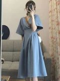 Drespot Korean Casual Tshirt Dress Women  Summer Short Sleeve Dresses Kpop Solid V-Neck Sleeve Office Ladies Robes Female