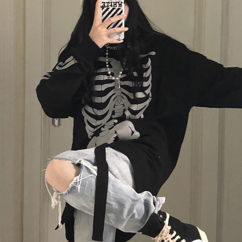 Deeptown Gothic Streetwear Skeleton Grey Oversize Hoodies Women Punk Harajuku Hip Hop Black Sweatshirt Female Pullover White Top