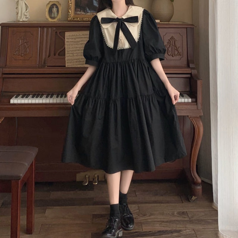 Drespot Woman Lolita Dress Kawaii Elegant Vintage Dresses  Spring Sweet Cute Puff Sleeve Preppy Style Sundress Fashion Robe