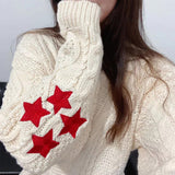 Drespot Women Casual Tay Red Star Beige Lor Loose Embroidered Knitted Cardigan Warm Swif T Button Long Sleeves Sweater Cardigans