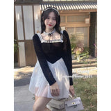 Drespot  Kawaii Lace Mini Dress Women Black Mesh Patchwork Long Sleeve Dresses Square Collar Preppy Style Sweet Korean Fashion