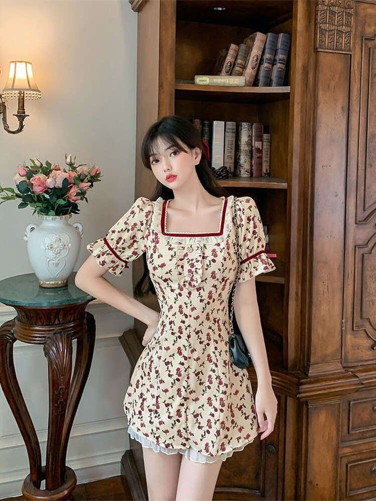 Drespot Vintage Floral Dress Women Sweet Kawaii Flower Print Puff Sleeve Short Dresses Elegant Casual Party  Summer Button