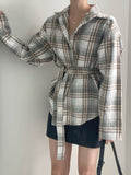 Drespot Women Spring Vintage Long Sleeve Casual Lace Up Cotton Plaid Blouses Shirts  Autumn Wear Female Tops