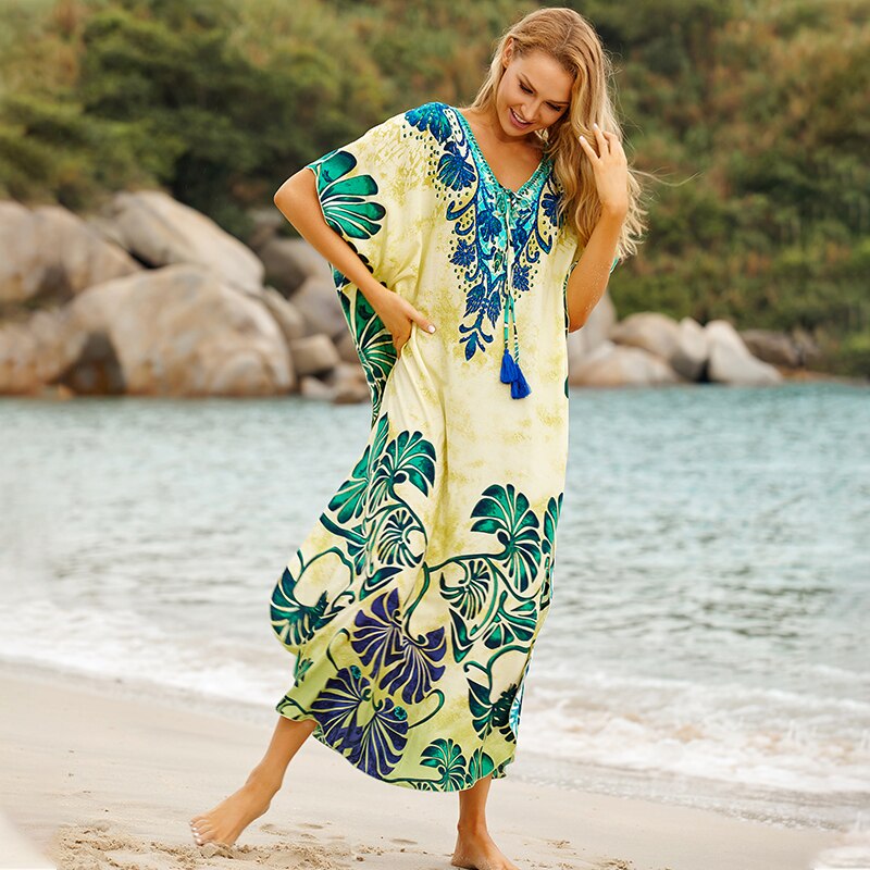 New Bohemian Printed V-Neck Half Sleeve Summer Beach Dress Green Cotton Tunic Women Beachwear Midi Dress Robe de plage Q845