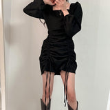 Women Autumn A-Line Mini Dress Long Sleeve Fold Elegant Slim Waist Vestidos Femme Fashion Korean Bodycon Sexy Clothing