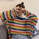 Drespot Korean Fashion Rainbow Stripe Sweater Women Harajuku Kawaii Hollow Out Jumper Sweet Girl Loose Sun-Proof Top Streetwear