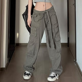 Drespot Y2K Baggy Cargo Pants Women 00S Low Rise Big Pocket Full Length Army Green Jean Pants
