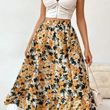Women Skirt Boho High Waist A-Line Summer Midi Skirts Floral Print Drawstring Elastic Waist Skirt Casual Beach Maxi Clothes