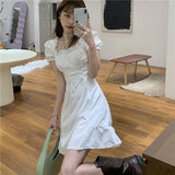 Drespot White Puff Sleeve Bandage Dress Women Sweet Kawaii Korean Ruffle Mini Dresses Square Collar Kpop Robe Clothes  Summer