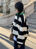 Drespot Black White Striped Oversized Sweatshirts Women Harajuku Retro Polo Hoodies Casual Loose Pullover Tops Korean Vintage
