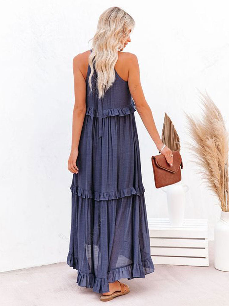 Sexy Blue Ruffled Halter Neck Sleeveless Maxi Dress Casual Women Summer Clothes Streetwear Sundress vestido de mujer A1228