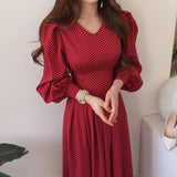Women Spring Autumn Fashion French Vintage Midi Dress Lantern Office Lady Long Sleeve Dot Print Chiffon Dress