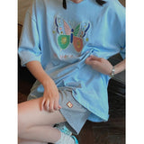 Deeeptown Kawaii Blue Tshirts Women Korean Fashion Oversize Embroidery T Shirts Female Harajuku Short Sleeve Top Tees Soft Girls