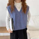 Korean Style Solid Sleeveless Sweater Vest Women Preppy Fashion Oversize Knitted Jumper Female V-neck Autumn Pullover