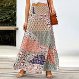 Summer Long Patchwork Print A-Line Skirt Floral Skirt Women Casual Beach Faldas Female Boho Elastic Waist Holiday Maxi Skirts