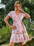 Drespot Holiday V-Neck Lace-Up Summer Print Women Mini Dress Short Sleeves Floral Ethnic Wrap Dresses A-Line Split Pink Vestido