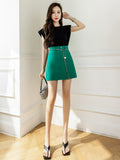 Retro Green Mini Skirt Women's Summer  New Fashion High Waist A-line Skirt Female Solid All Match Chain Faldas Mujer