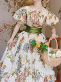 France Vintage Evening Party Dresses Ladies Print Floral Retro Designer Elegant Dress Women Bubble Sleeve Long Prom Dress