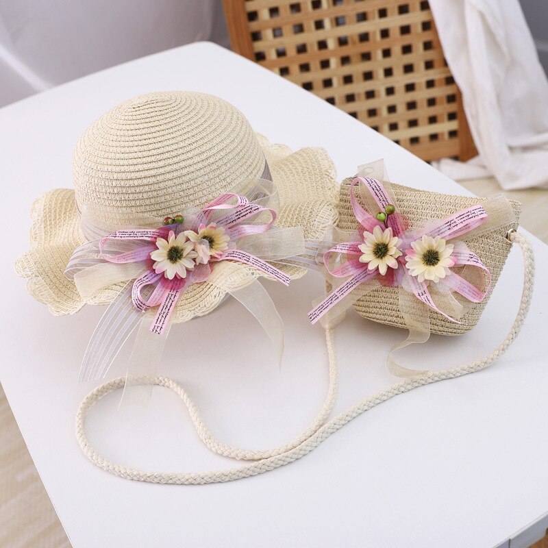 Kids Girls Straw Hat Handbag Set Baby Outdoor Travel Shade Panama Flower Summer Sun Hat Toddler Vacation Beach Fishing Hat