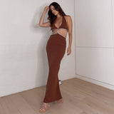 Sexy Halter Cut Out Maxi Dress for Women  Summer Fashion Brown Sleeveless Club Party Dress Elegant Evening Bodycon Long Gown