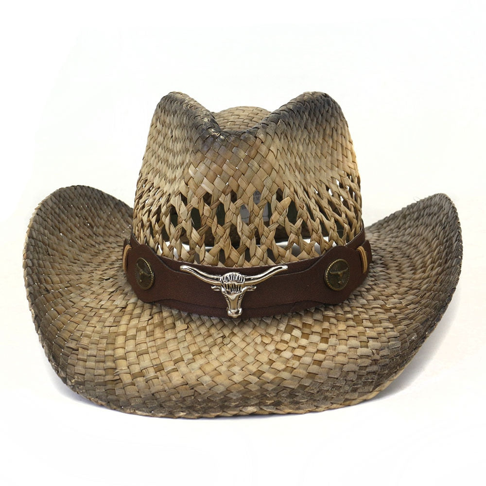 Vintage Hollow-out Straw Cowboy Hat With Cap Band Shapeable Longhorn Hatband Western Cowgirl Hat Unisex Summer UV  Beach Sunhat