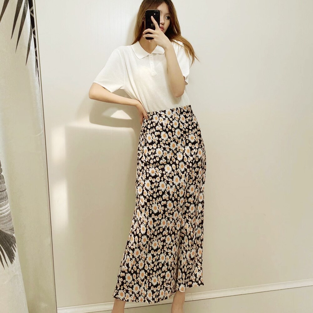 Fashion Floral Printed A-Line Midi Skirts High Waist Stretch Satin Maxi Bodycon Skirts Maxi Vestidos De Mujer Casual Party Skirt