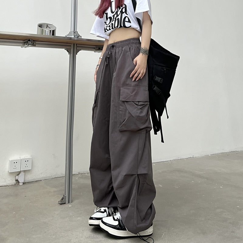 Drespot Y2K Baggy Cargo Pants With Drawstring Cuffs Big Pocket Full Length Trousers American Retro Aesthetic Outfit