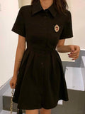 Black Mini Dress Women Preppy Style Short Sleeve Dresses Sexy Hollow Out Polo Collar Korean Fashion  Summer Robe