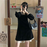 Drespot  Black Vintage Dress Women Kawaii Lace Patchwork Mini Dresses Elegant Preppy Style Long Sleeve  Korean Fashion Robe